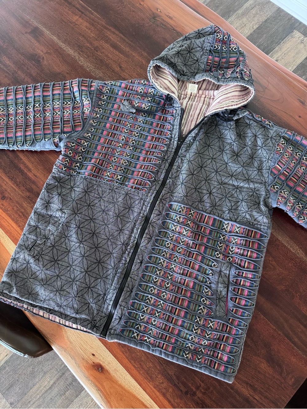 Nepal 100% Cotton Sacred Geometry  Patchwork Festival Hoodie L/XL